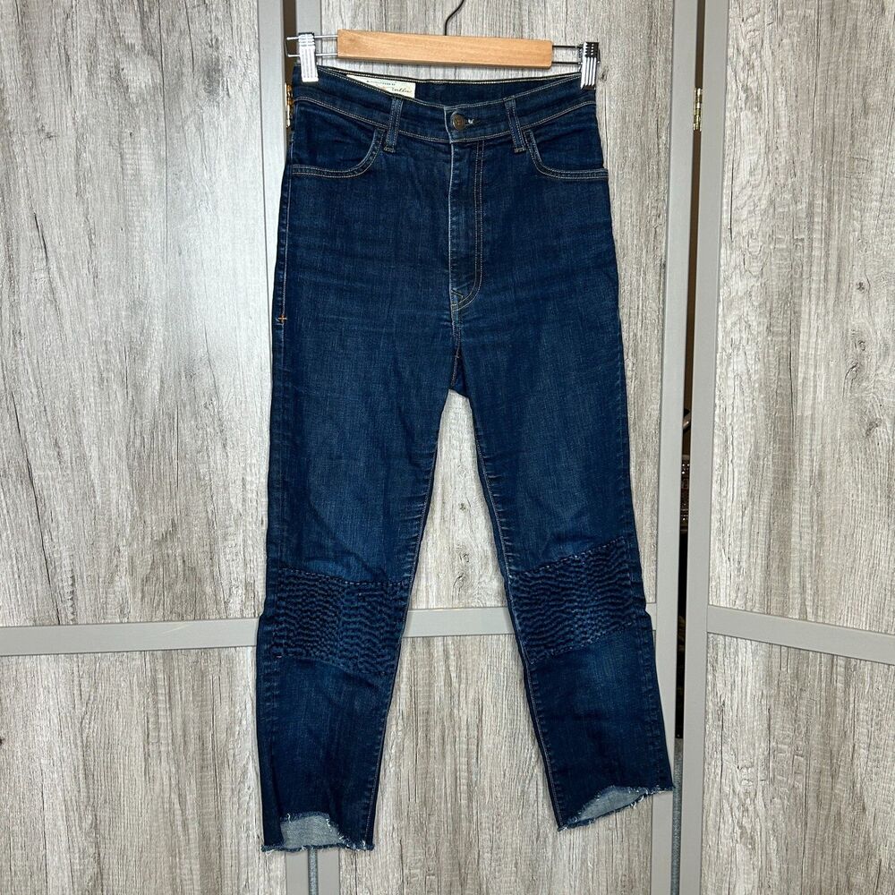Imogene Willie Elizabeth Jeans Knee Patch Raw Seam Dark Wash Blue